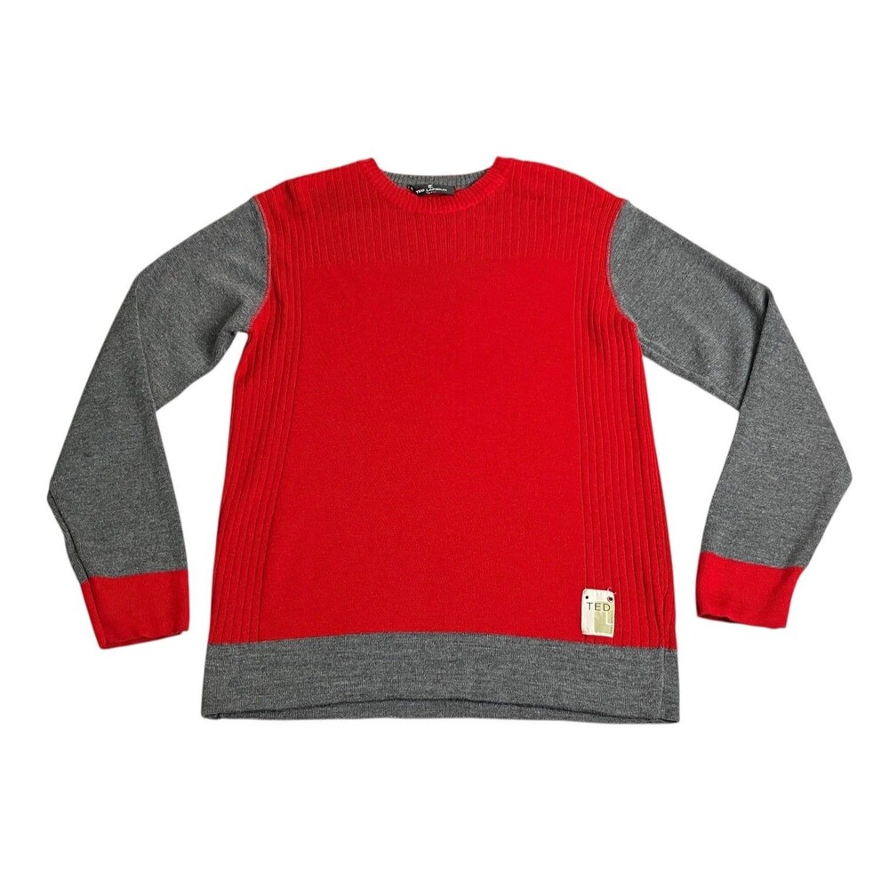 Vintage Ted Lapidus Sweater Mens S Red Gray Colorblock Wool Acrylic‎ Preppy Crew